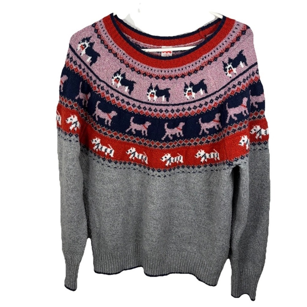 Holiday Time Dog Fair Isle Sweater Women L (12-14) Gray Pink Metallic‎ Christmas